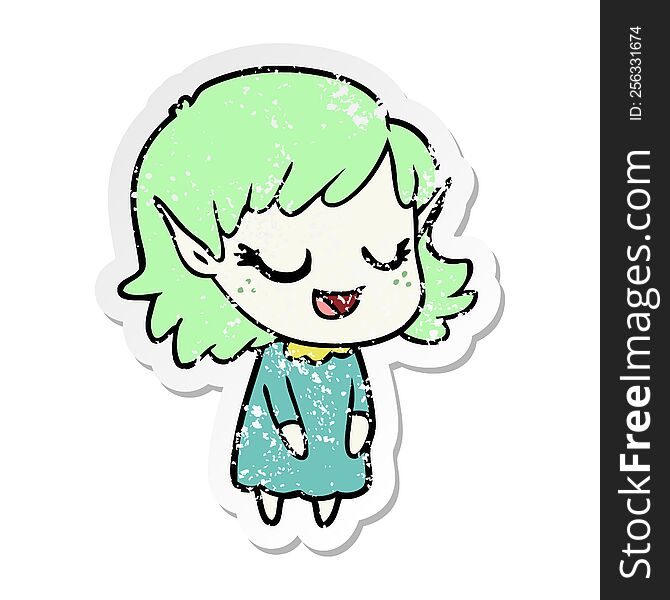 Distressed Sticker Of A Happy Cartoon Elf Girl