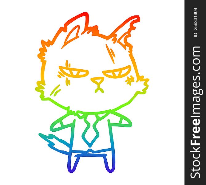 Rainbow Gradient Line Drawing Tough Cartoon Cat In Shirt And Tie