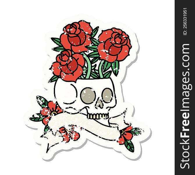 Grunge Sticker With Banner Of A Skull And Roses
