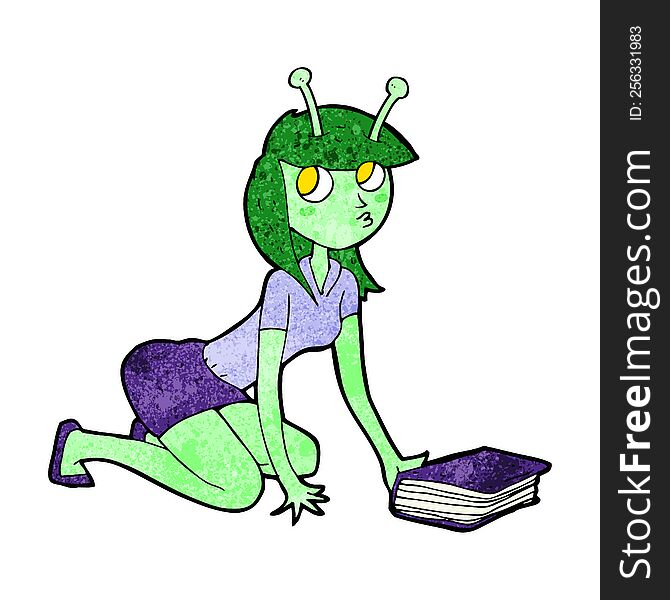 cartoon alien girl and book