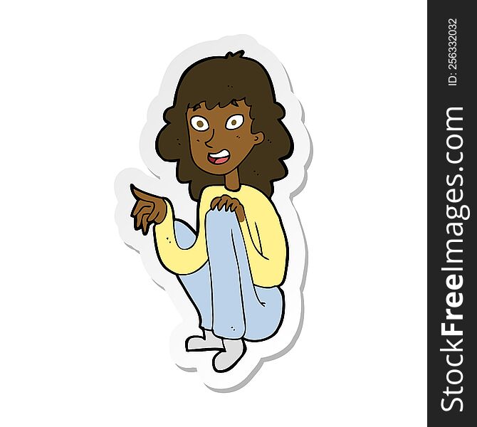 Sticker Of A Cartoon Happy Woman Sitting And Pointing