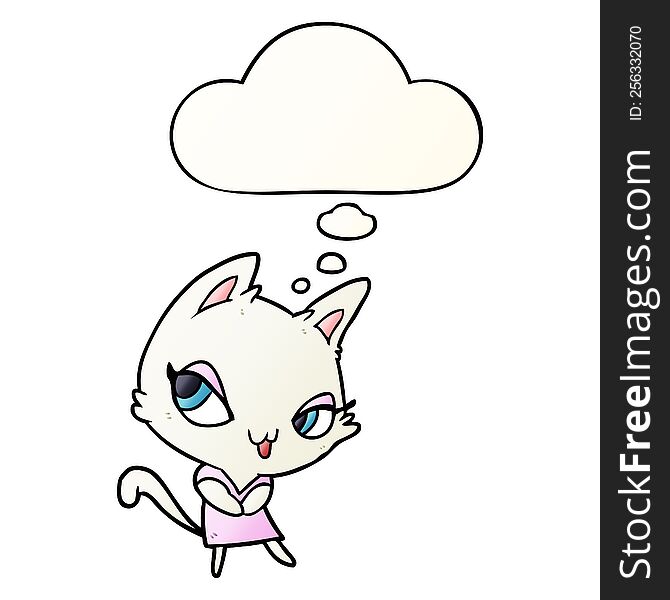Cartoon Female Cat And Thought Bubble In Smooth Gradient Style