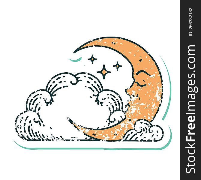 distressed sticker tattoo style icon of a crescent moon and clouds