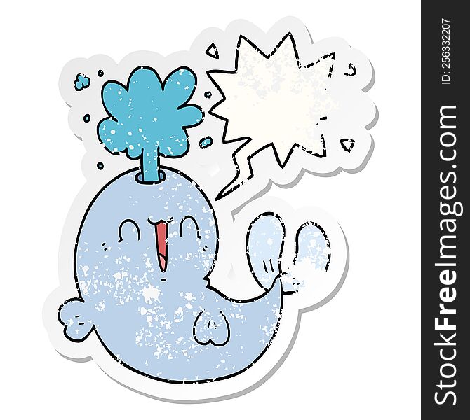 cartoon whale spouting water with speech bubble distressed distressed old sticker. cartoon whale spouting water with speech bubble distressed distressed old sticker