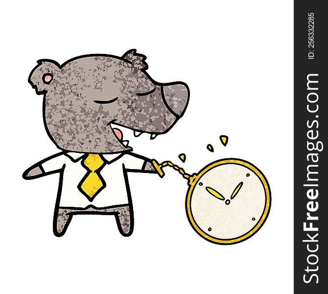 cartoon bear wearing shirt and tie holding watch. cartoon bear wearing shirt and tie holding watch