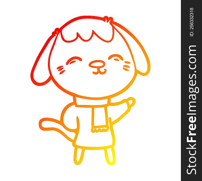 warm gradient line drawing of a happy cartoon dog in winter clothes