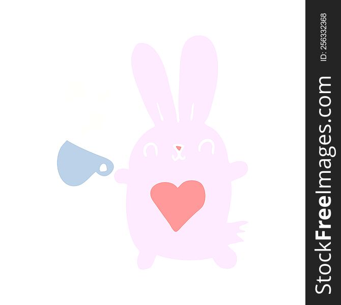 cute flat color style cartoon rabbit with love heart and coffee cup