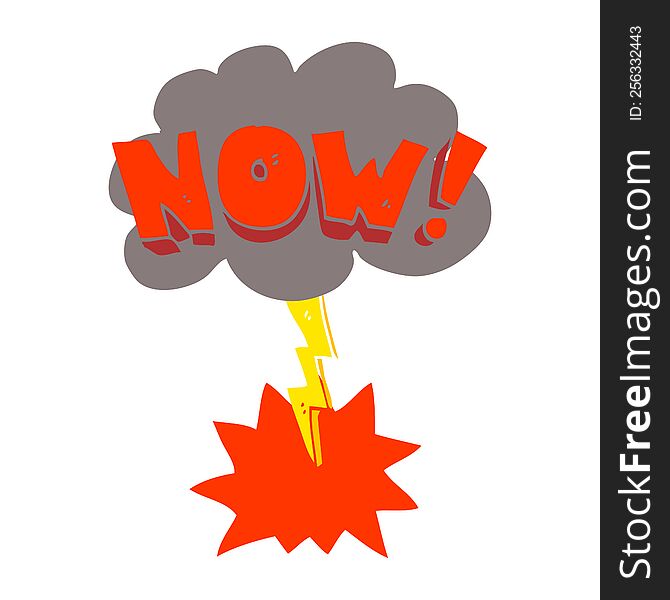 Flat Color Illustration Of A Cartoon Now Shout Symbol With Thundercloud
