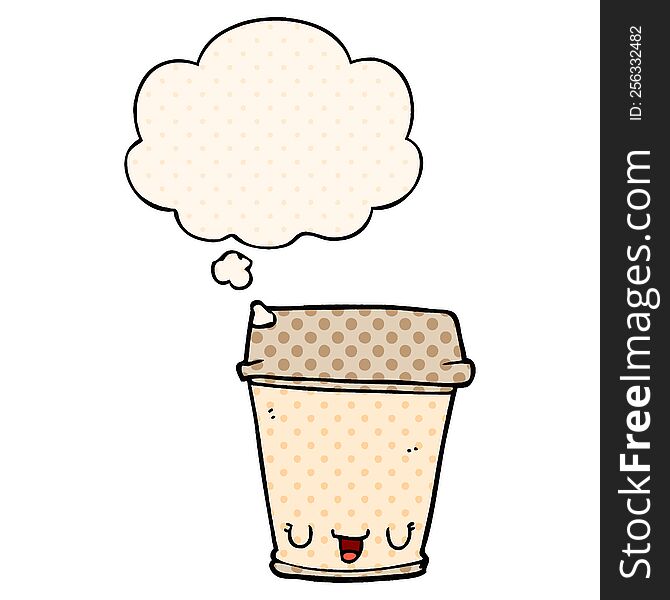 cartoon coffee cup with thought bubble in comic book style