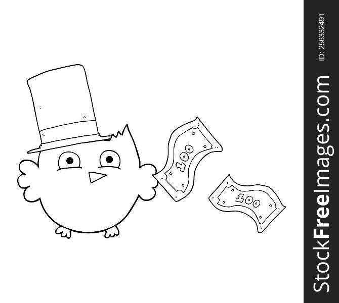 freehand drawn black and white cartoon wealthy little owl with top hat