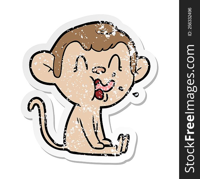 distressed sticker of a crazy cartoon monkey sitting