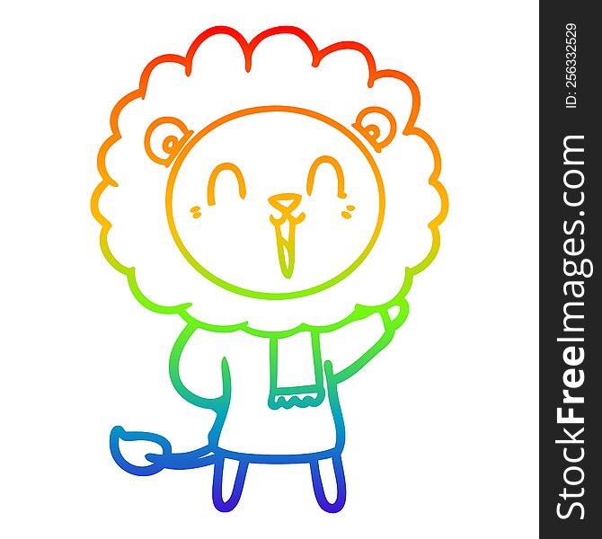 rainbow gradient line drawing of a laughing lion cartoon in winter clothes