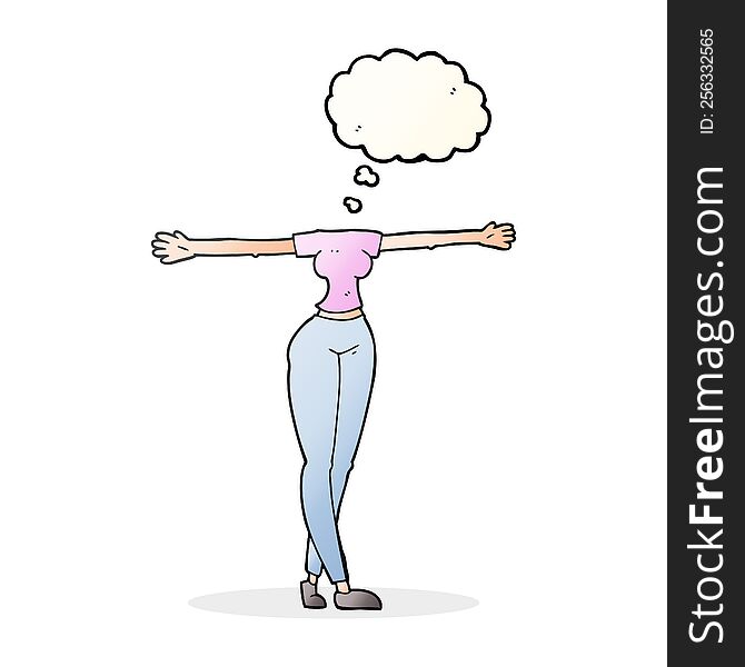 freehand drawn thought bubble cartoon female body with wide arms