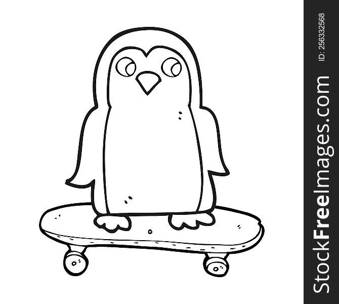 black and white cartoon penguin riding skateboard