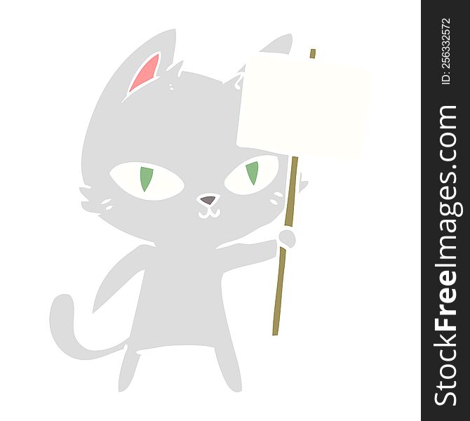 Flat Color Style Cartoon Cat Waving Sign