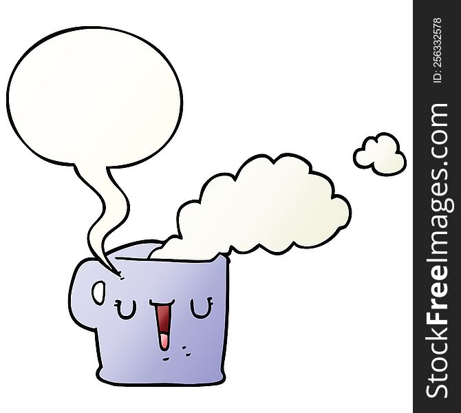 Cartoon Hot Cup Of Coffee And Speech Bubble In Smooth Gradient Style