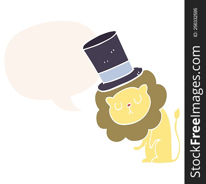 Cute Cartoon Lion Wearing Top Hat And Speech Bubble In Retro Style