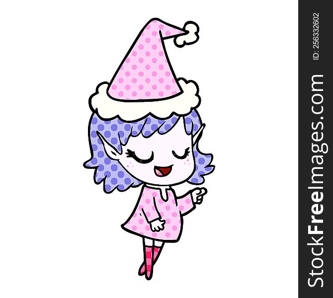 Happy Comic Book Style Illustration Of A Elf Girl Pointing Wearing Santa Hat