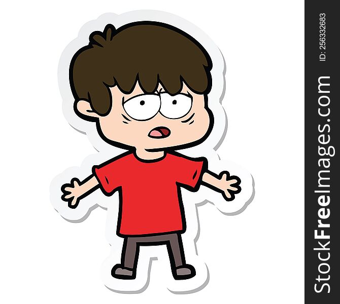 sticker of a cartoon exhausted boy