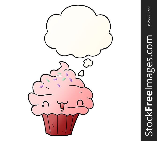 cute cartoon frosted cupcake and thought bubble in smooth gradient style