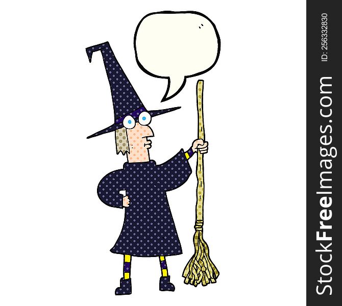 freehand drawn comic book speech bubble cartoon witch with broom