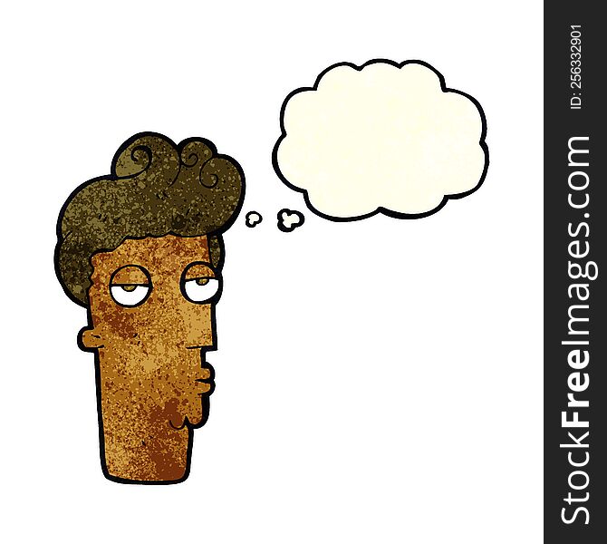 cartoon bored man\'s face with thought bubble