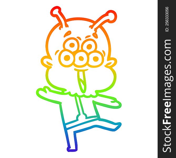 rainbow gradient line drawing of a happy cartoon alien dancing