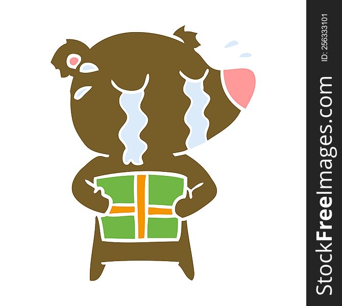 flat color style cartoon crying bear with present