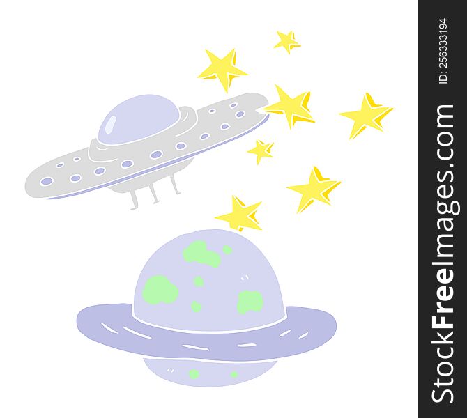 Flat Color Illustration Of A Cartoon Flying Saucer And Planet