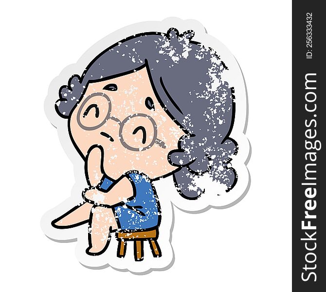 distressed sticker cartoon illustration of a cute kawaii lady. distressed sticker cartoon illustration of a cute kawaii lady