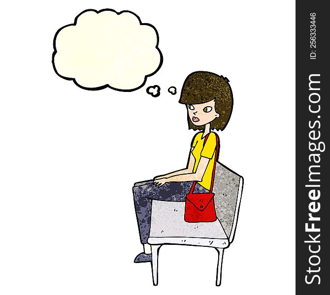 cartoon woman sitting on bench with thought bubble