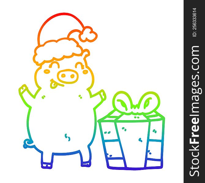 rainbow gradient line drawing of a cartoon happy christmas pig