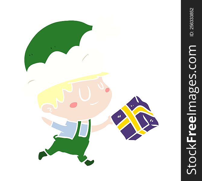 Flat Color Style Cartoon Happy Christmas Elf With Present