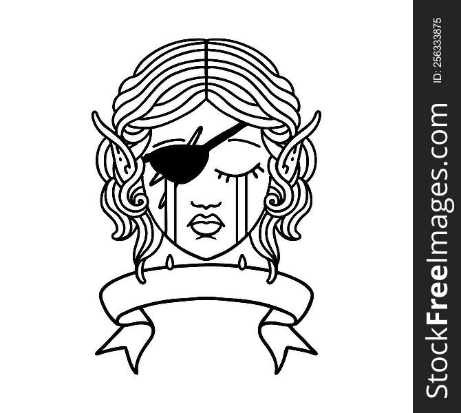 Black and White Tattoo linework Style crying elf rogue character face with banner. Black and White Tattoo linework Style crying elf rogue character face with banner