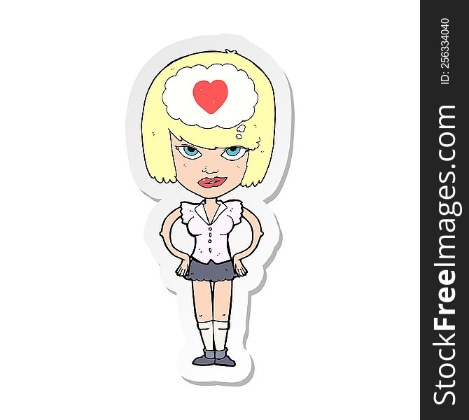 sticker of a cartoon woman thining about love