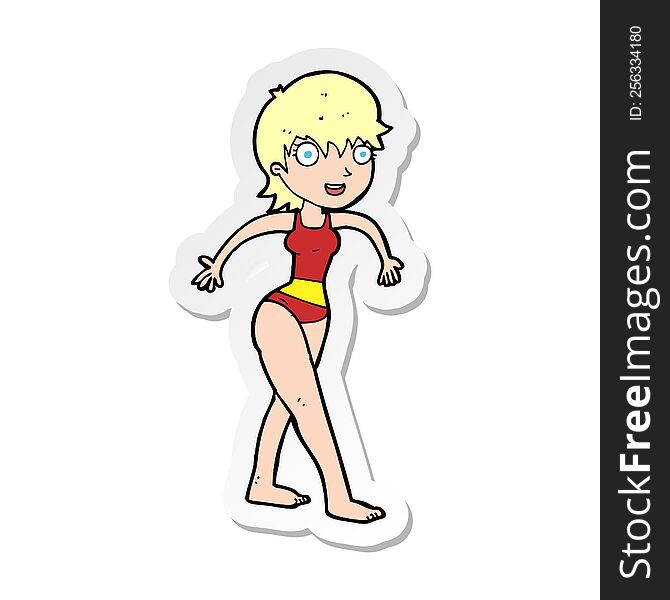 sticker of a cartoon happy woman in swimming costume