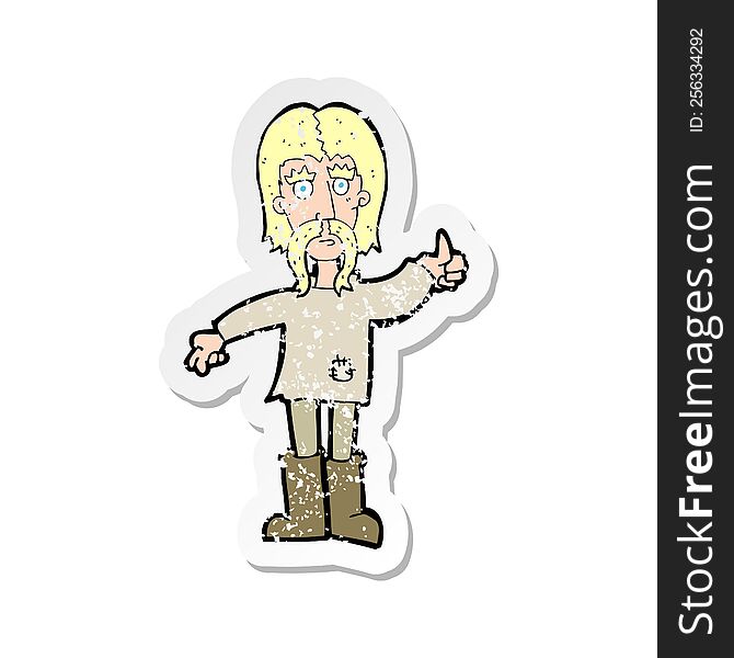 retro distressed sticker of a cartoon hippie man giving thumbs up symbol