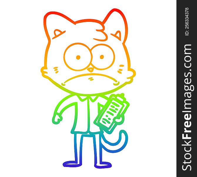 Rainbow Gradient Line Drawing Cartoon Cat With Clipboard
