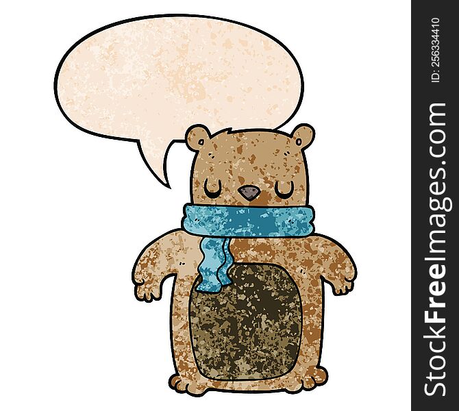 cartoon bear with scarf with speech bubble in retro texture style. cartoon bear with scarf with speech bubble in retro texture style