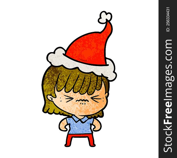 annoyed hand drawn textured cartoon of a girl wearing santa hat. annoyed hand drawn textured cartoon of a girl wearing santa hat