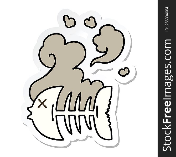 sticker of a quirky hand drawn cartoon dead fish skeleton