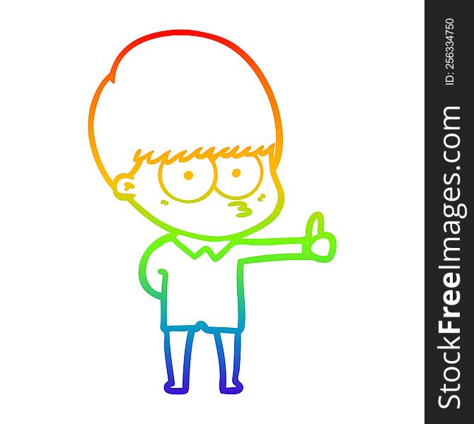 rainbow gradient line drawing of a curious cartoon boy giving thumbs up sign