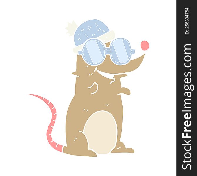flat color illustration of mouse wearing glasses and hat. flat color illustration of mouse wearing glasses and hat