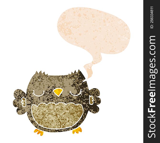 Cute Cartoon Owl And Speech Bubble In Retro Textured Style