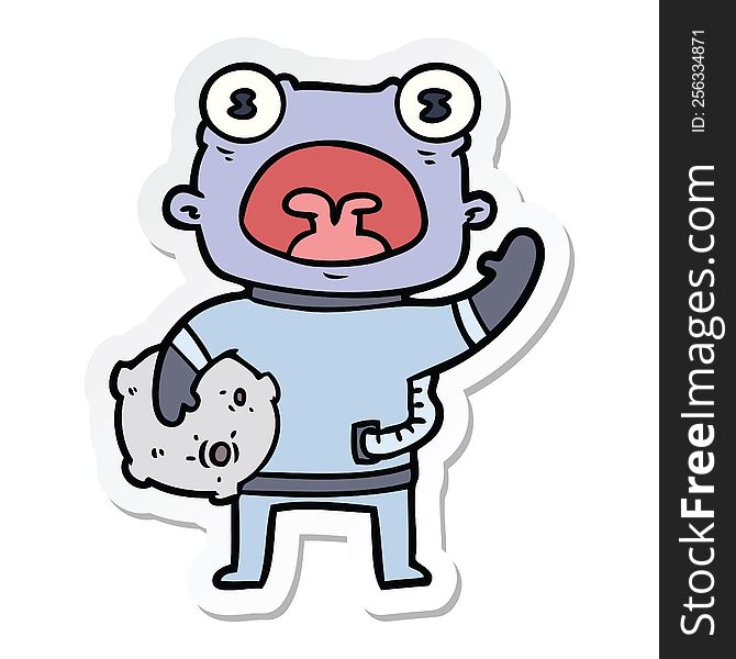 sticker of a cartoon weird alien communicating