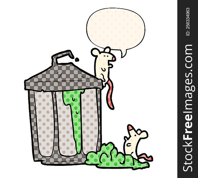 cartoon old metal garbage can and mice and speech bubble in comic book style