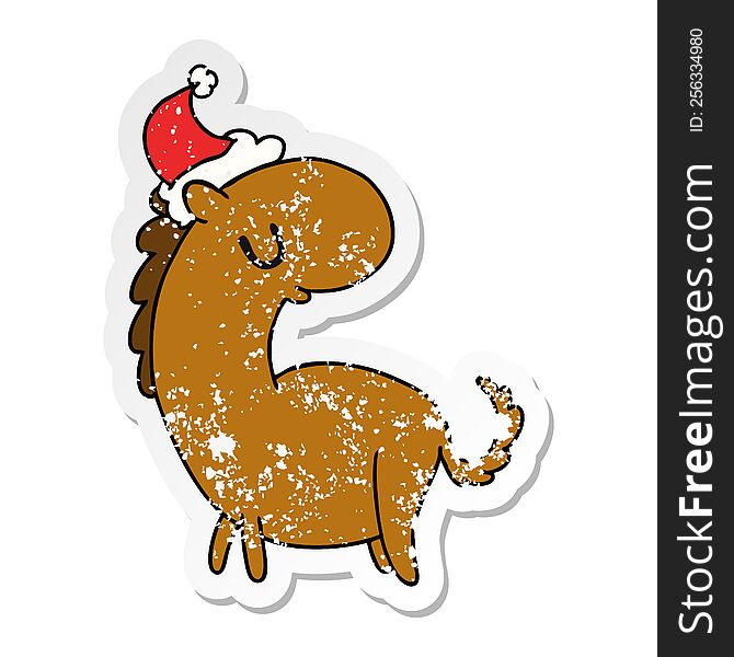 hand drawn christmas distressed sticker cartoon of kawaii horse