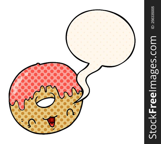cute cartoon donut with speech bubble in comic book style