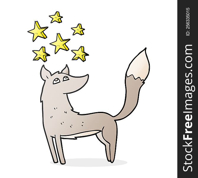 freehand drawn cartoon wolf with stars