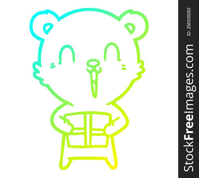 Cold Gradient Line Drawing Happy Cartoon Bear With Christmas Gift